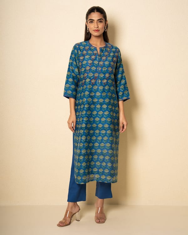 Deep Azure Chanderi Blue Floral Block Print Kurta Set (Set of 2) — Kameez