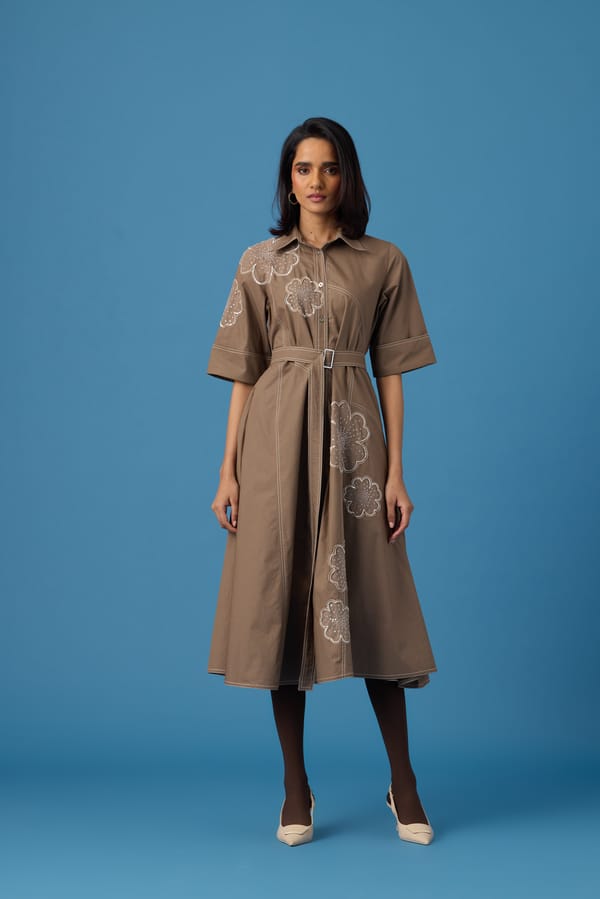 Earth Brown Belted Shirt Midi Dress with Floral Appliqué — 63East