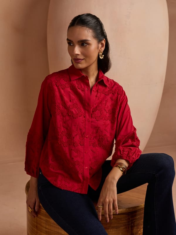 Red Tonal Floral Embroidered Button-Down Shirt — Style Island