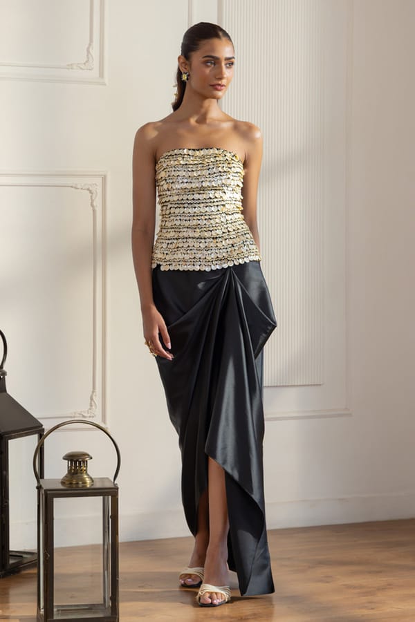 Monochrome Hand Embellished Corset With Draped Skirt — BOHO-CHIC