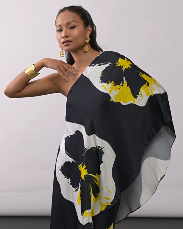 Black One-Shoulder Printed Modal Satin Draped Top — Missy Co.