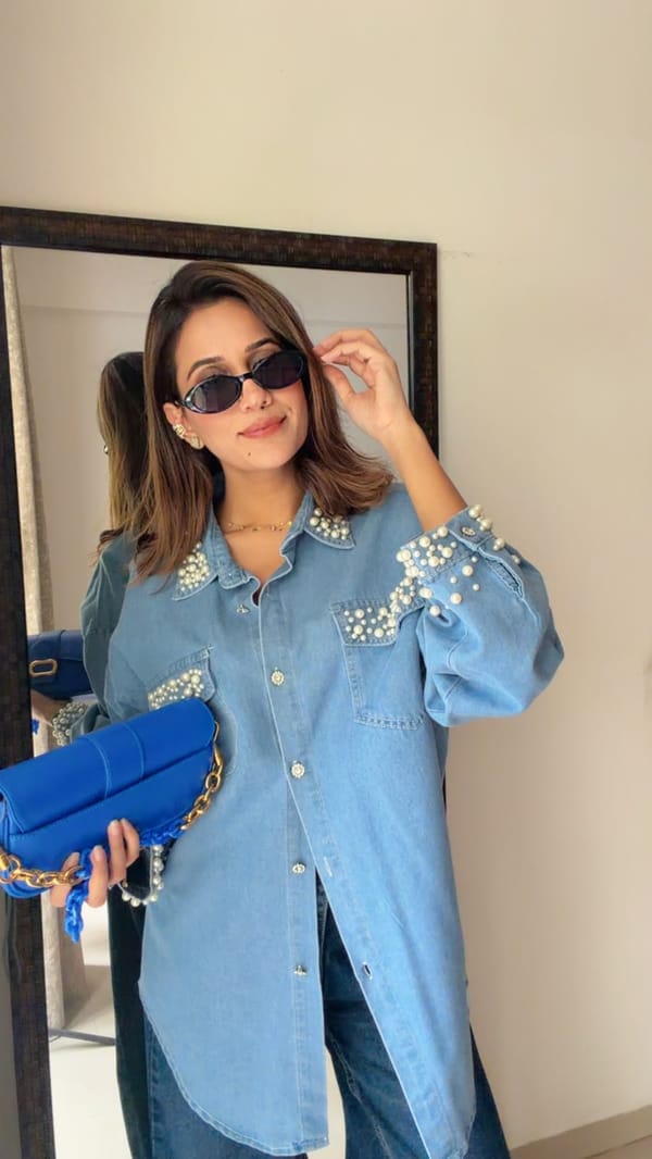 Pearl Embellished Denim Shirt — CLOSET AFFAIR