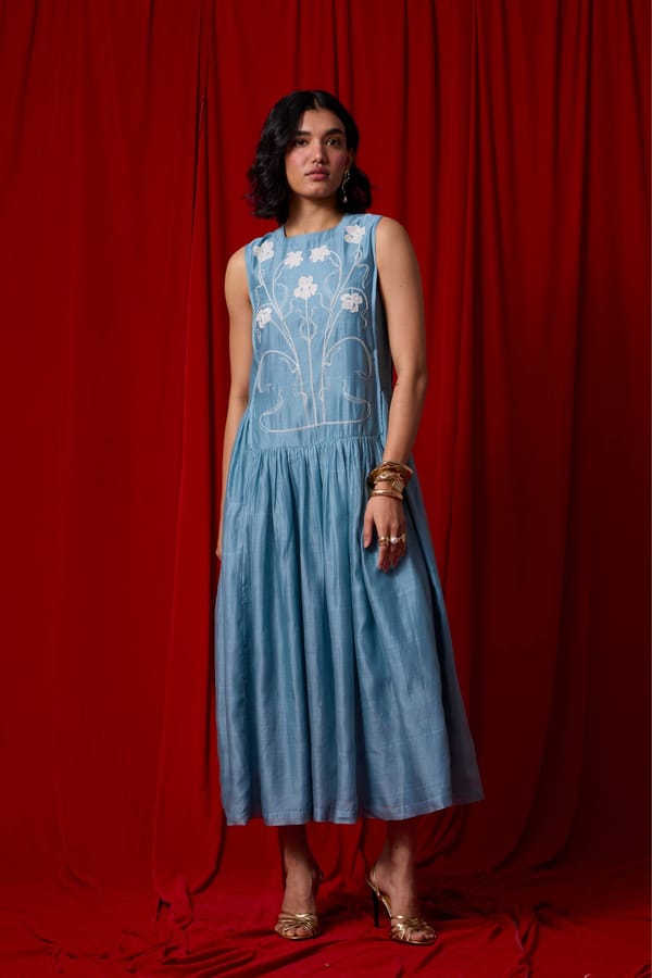 Blue Handwoven Chanderi Embroidered Maxi Dress — The Summer House