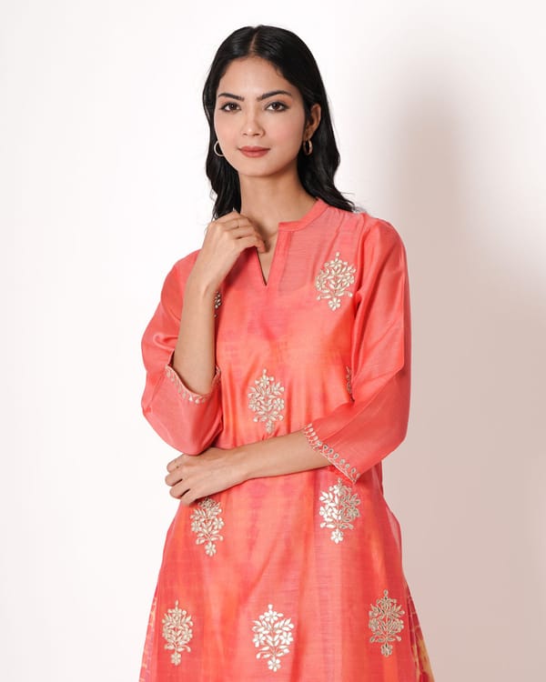 Peachy Pink Gota Work Chanderi Kurta & Dress Set — Kameez