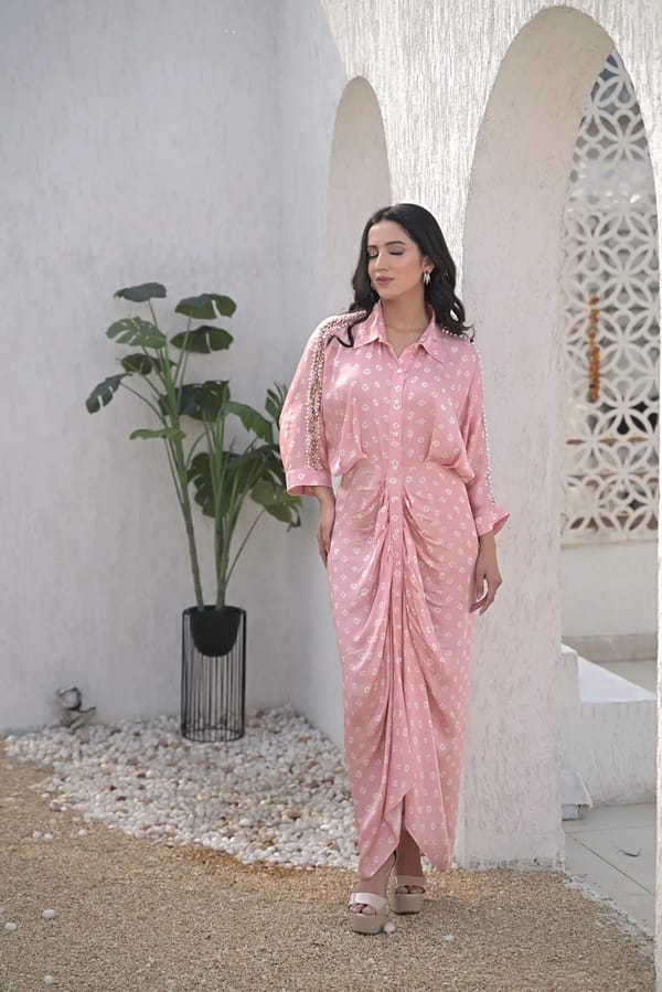 Powder Pink Printed Satin Draped Maxi Shirt Dress — RUCHIKA MALLIKA LABEL