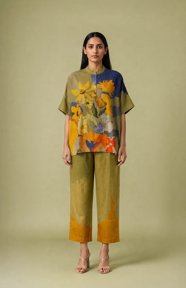 Mustard Printed Shirt and Wide-Leg Pants Co-ord Set — CLOS