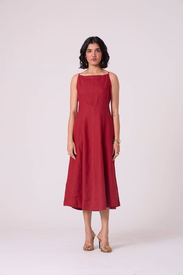 Red Linen Square Neck Fit and Flare Midi Dress — The Summer House
