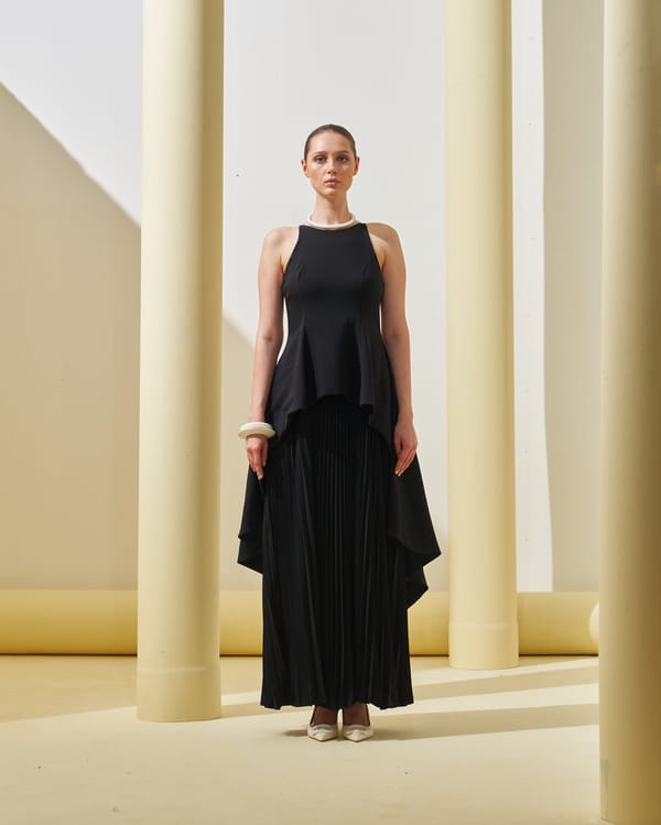 Black Halter Neck Maxi Gown with Asymmetric Overlay — Pleats by Aruni