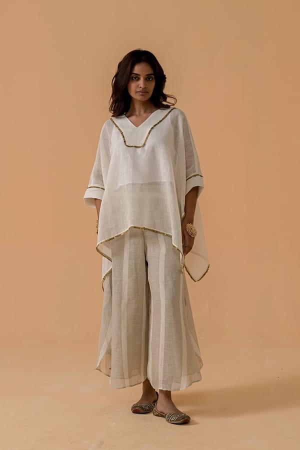 Off White Gauze Linen Cape with Gota Trim — YELL