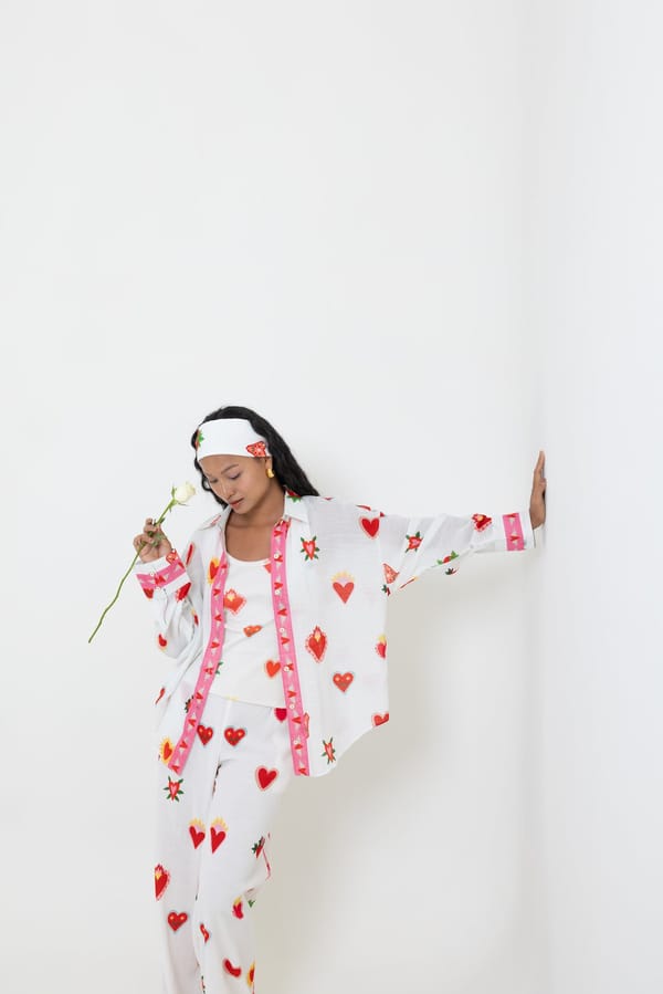 White Heart Print Straight-Leg Trousers with Contrast Hem — Label Sugar