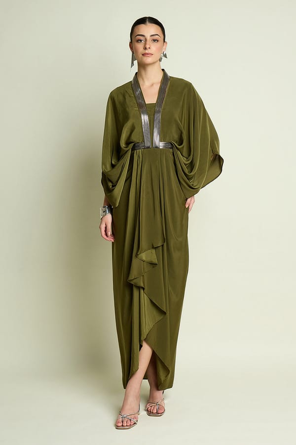 OLIVE GREEN SILK CREPE DRESS — Aakaar