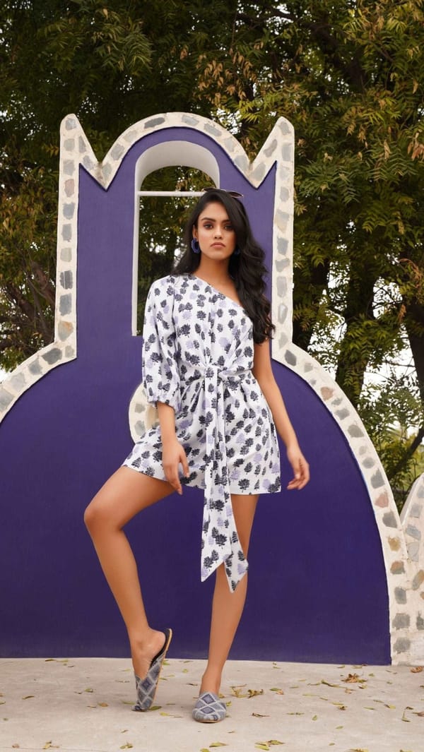 One Shoulder Linen Print Dress With Knot — Western Era