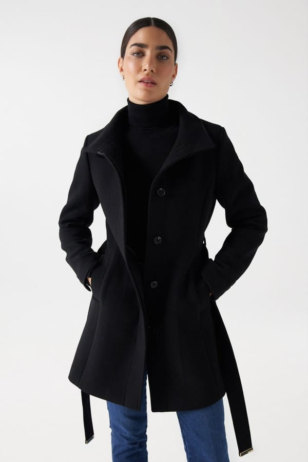 Black Tailored Wool-Blend Belted Coat — SALSA JEANS
