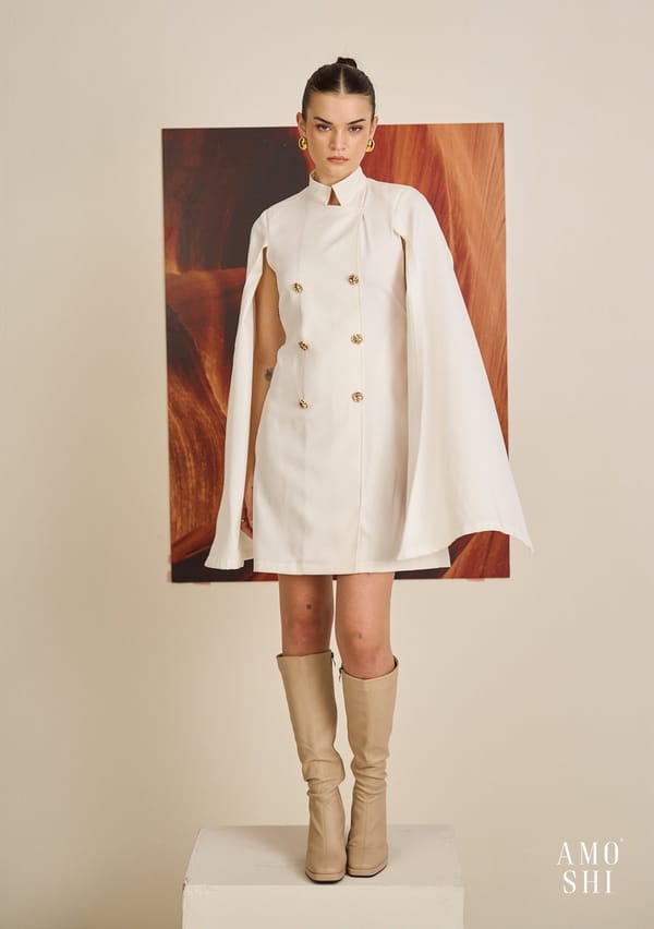 White Tailored Cape Mini Dress with Metallic Button Detail — AMOSHI