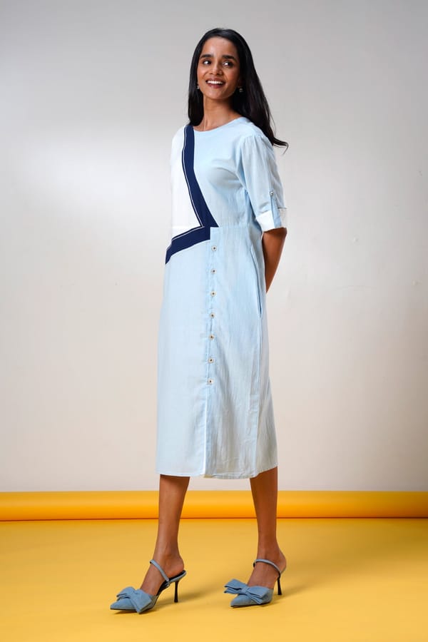 Sky Blue Colorblock Handloom Cotton Midi Dress with Pockets — Madder Much