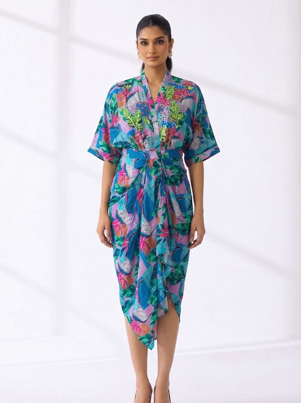 Turquoise Tropical Print Wrap Midi Dress — BUMBLEBEE