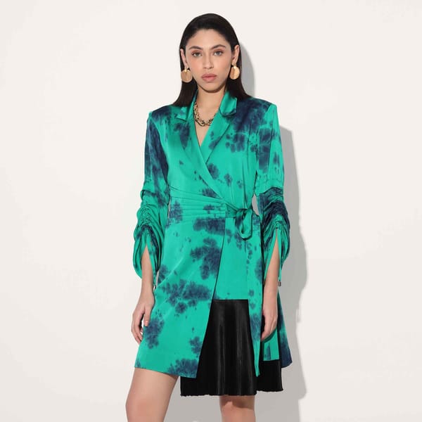 Green Tie-Dye Satin Wrap Jacket Dress — Linetribe