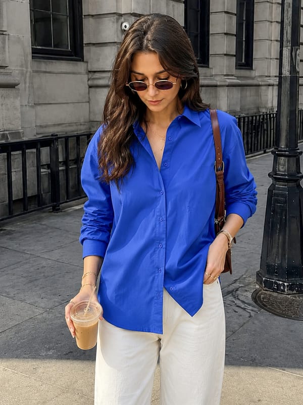 CrispCotton Royal Blue Back Button Detail Shirt — Femmella