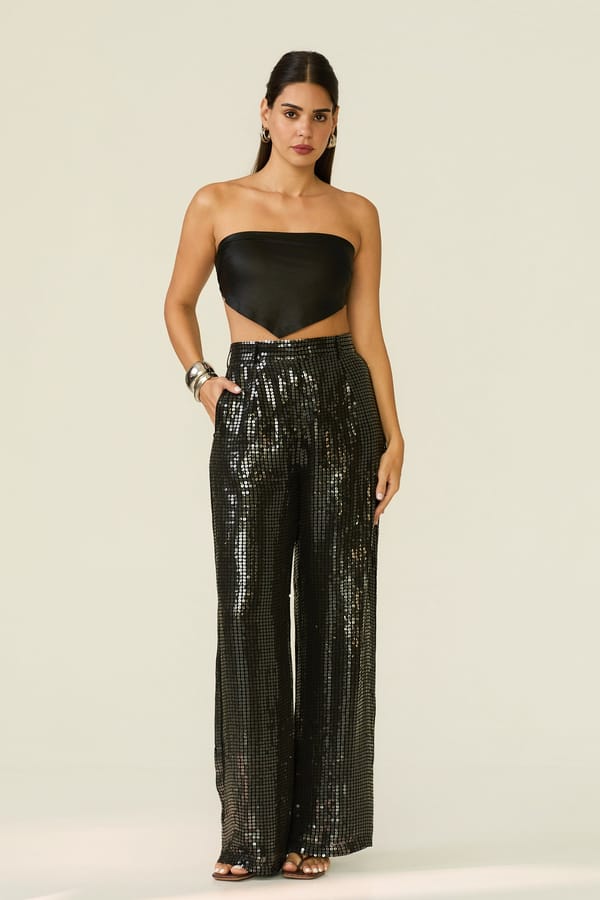 Black Metallic Lycra Bandeau Crop Top with Pointed Hem — LABEL FROW