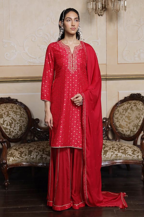 Virtual Pink Silk Jacquard Kurta Sharara Set With Dupatta — Ganga Fashions Pvt Ltd
