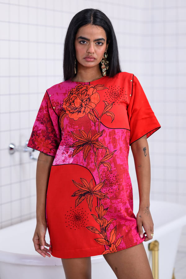 Pink Floral Placement Print Mini Shift Dress — The Dramebaaz Company