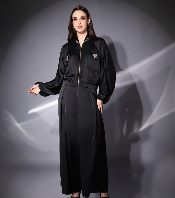 Black Satin Zip-Front Co-ord Set with Wide-Leg Trousers — RUCHIKA  MALLIKA LABEL