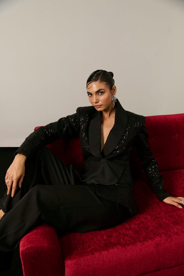 Black Sequin Blazer and Wide-Leg Trousers Co-ord Set — Label IRIS