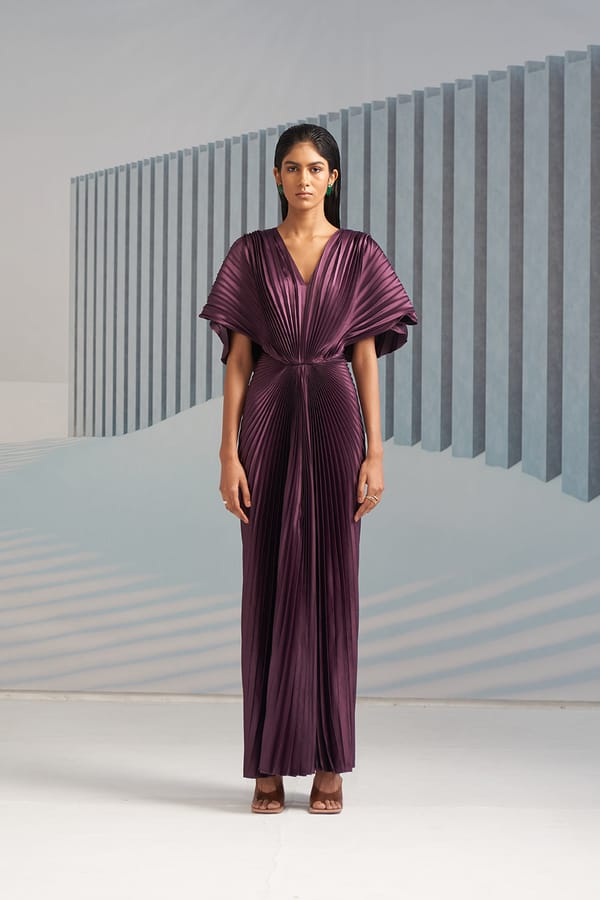 Purple Pleated Wing Sleeve Maxi Gown — Pleats by Aruni