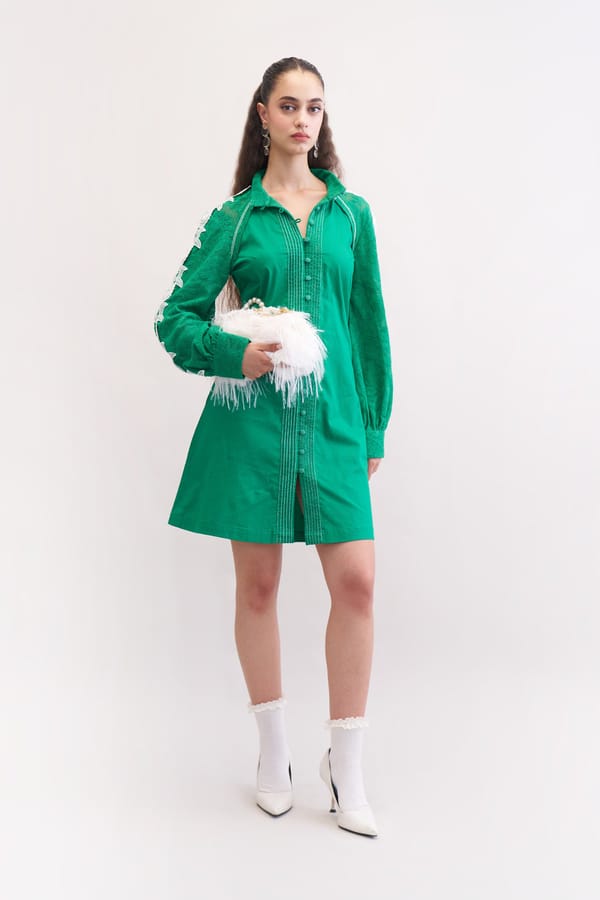 Emerald Cotton Poplin Shirt Dress with Lace Applique — Our Love