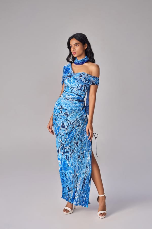 Blue One-Shoulder Abstract Floral Chiffon Maxi Dress — Saaksha and Kinni