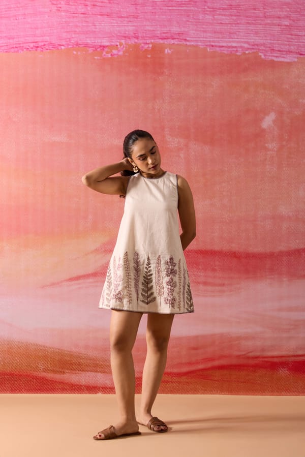Cream Cotton Flex A-Line Embroidered Mini Dress — Label Ruiaan