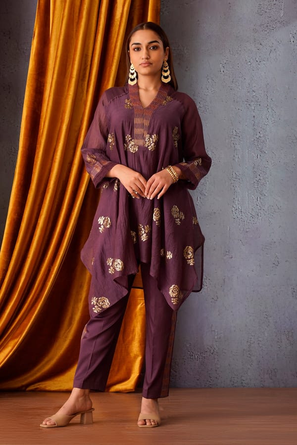 Sequin Embroidered Asymmetric Tunic Set with V-Neck in Wine and Side Stripe Pants — Omi Clothing