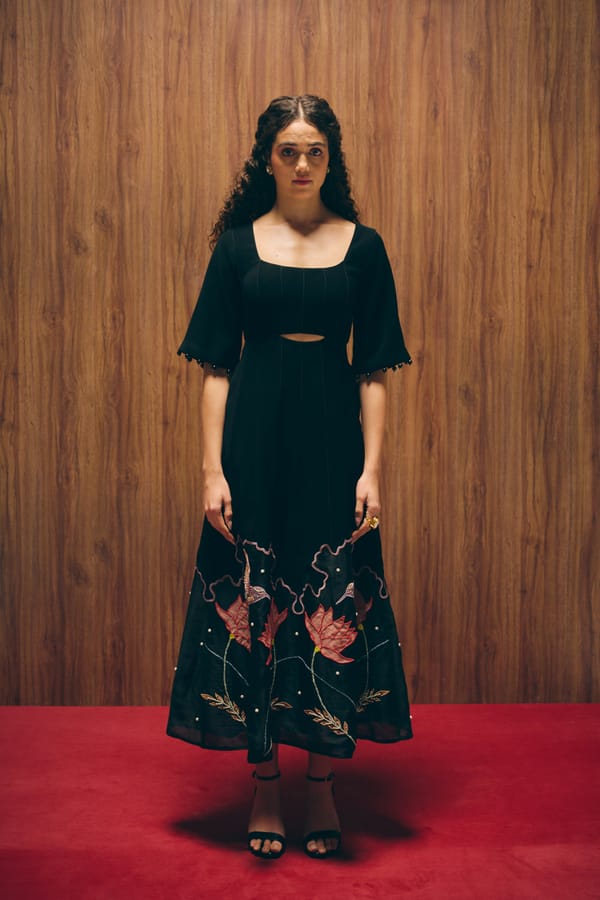 Black A-Line Midi Dress with Embroidered Organza Hem — Love Kiki