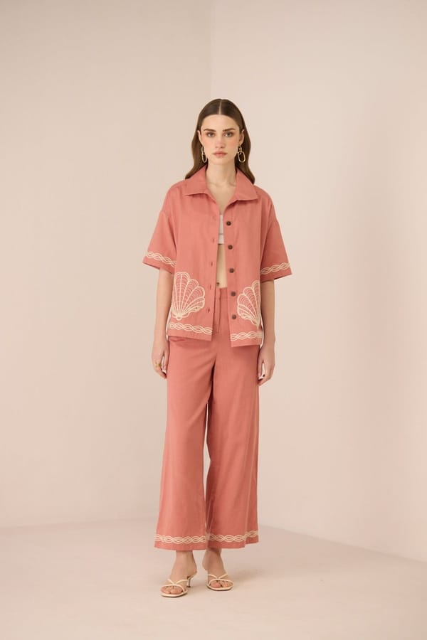 Coral Pink Cotton Linen Wide-Leg Trousers — Calling June