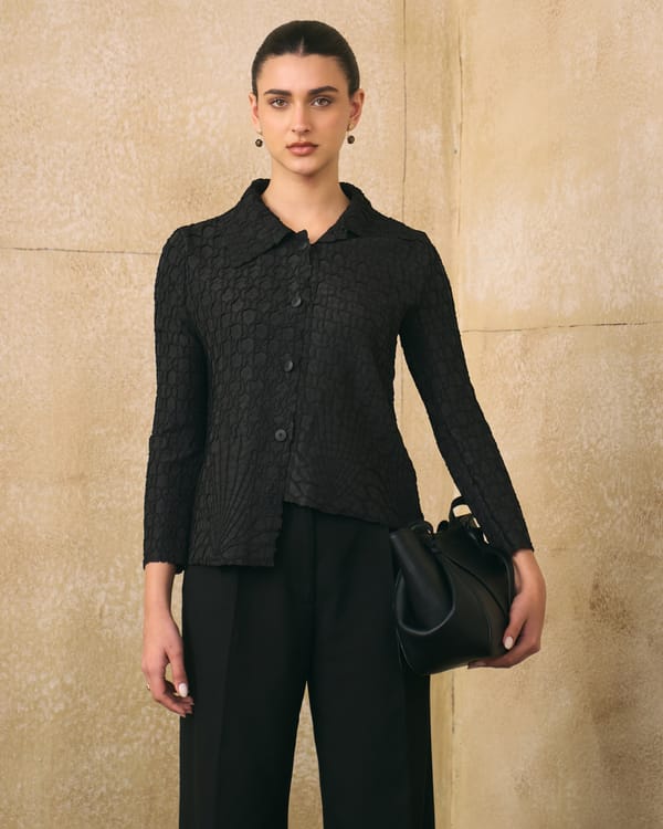 Black Textured Crepe Button-Down Shirt — Pleats by Aruni