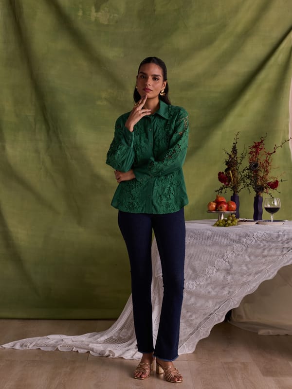 Green Lace Overlay Cotton Voile Shirt — Style Island