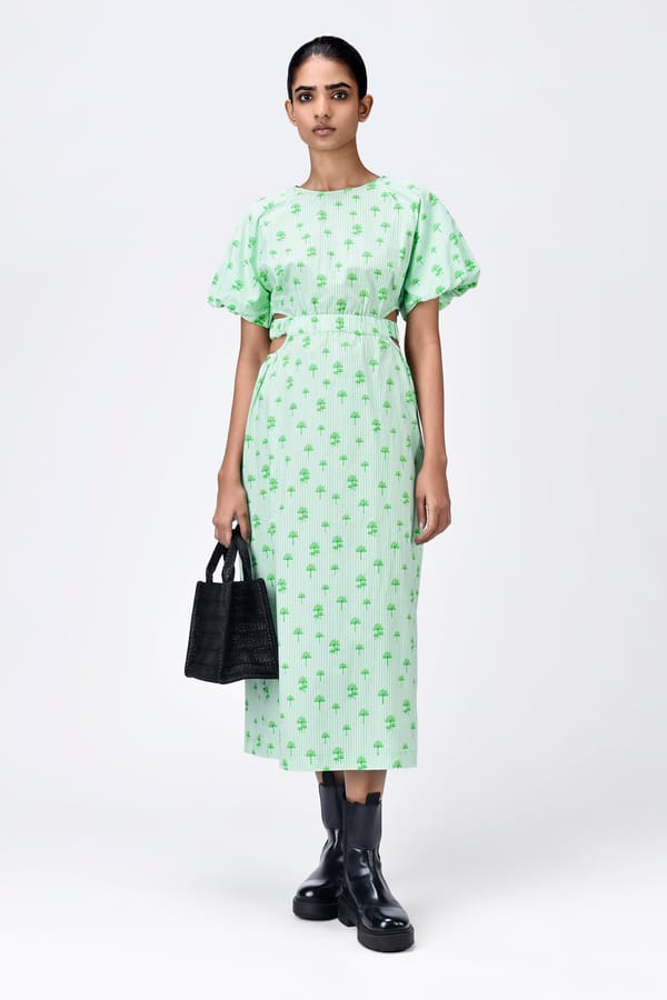 Mint Palm Stripe A-Line Midi Dress with Cut-Out Waist — Genes Lecoanet Hemant