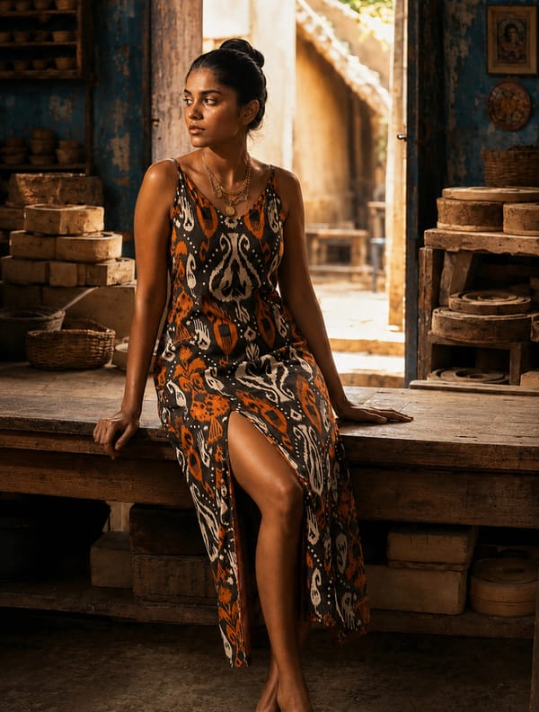 Cola Orange Ikat Print Cotton Strappy Long Dress — Truebrowns