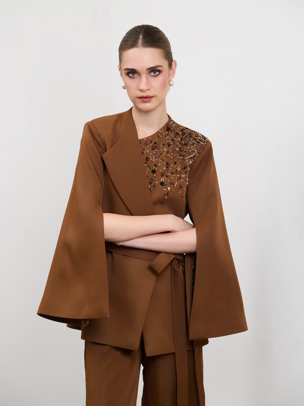 Mocha Brown Embellished Blazer Cape with Tie Belt — MADISON