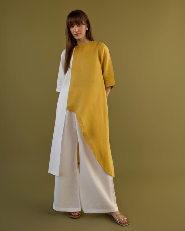 White and Ochre Colorblocked Linen Co-ord Set — AUR