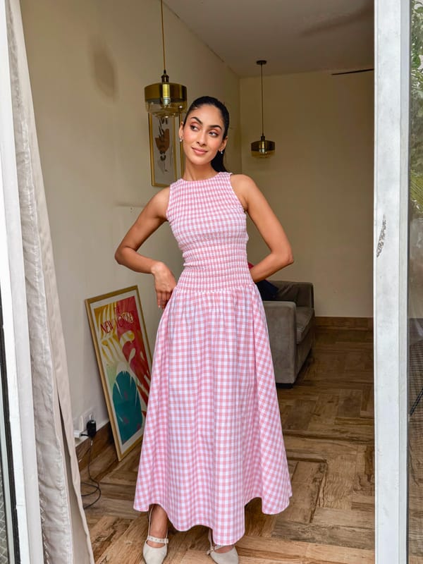 Pink Gingham Smocked Bodice Fit and Flare Maxi Dress — The clothing factory