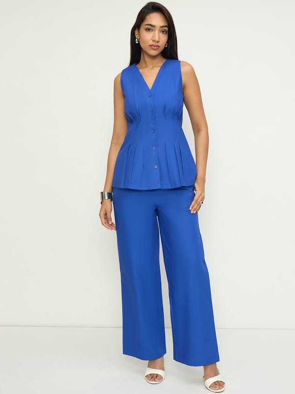 Royal Blue Cotton Pleat-Detail Co-ord Set — Femmella