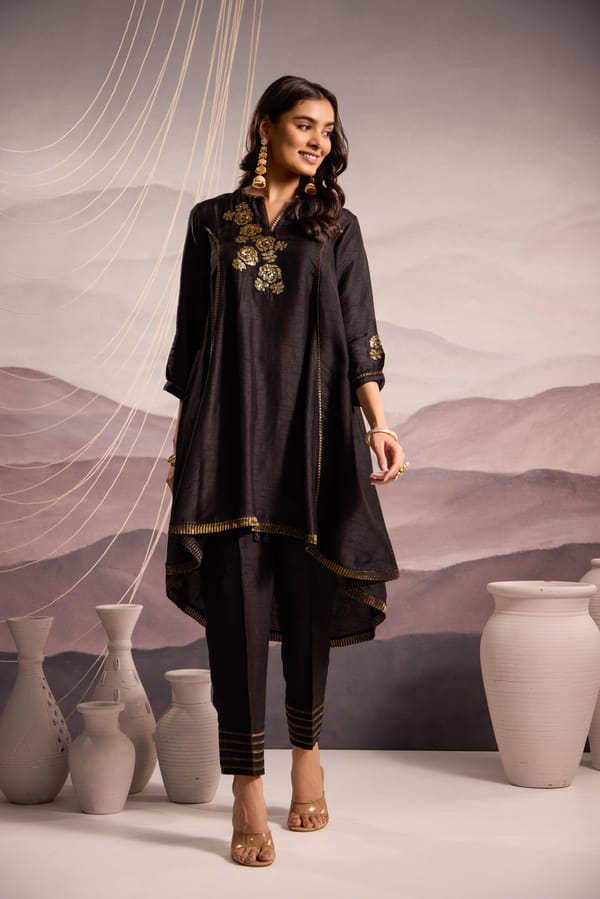 Flared High Low Silk Kurta Set — Omi Clothing