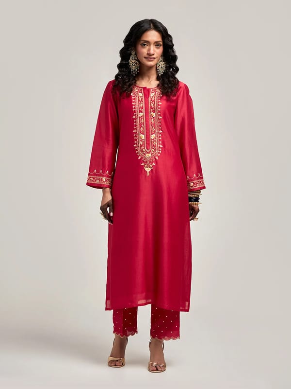 Red Silk Chanderi Embroidered Kurta Set with Pants — Anantaa