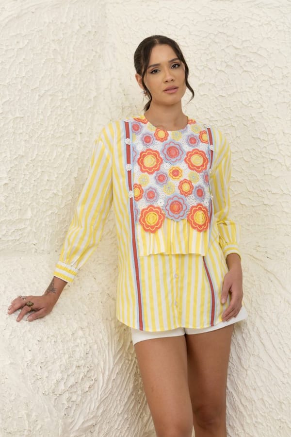 Yellow Striped Oversized Cotton Shirt with Crochet Bib — Rhe-Ana