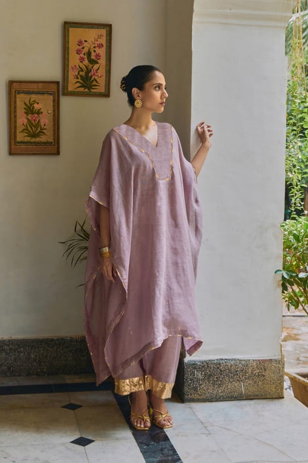 Lavender Gauze Linen Kaftan Kurta Set with Gota Trim — YELL