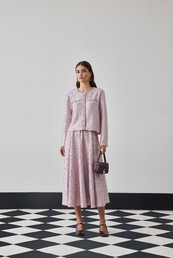 Nude Textured Jacket and Midi Skirt Co-ord Set — Pleats by Aruni