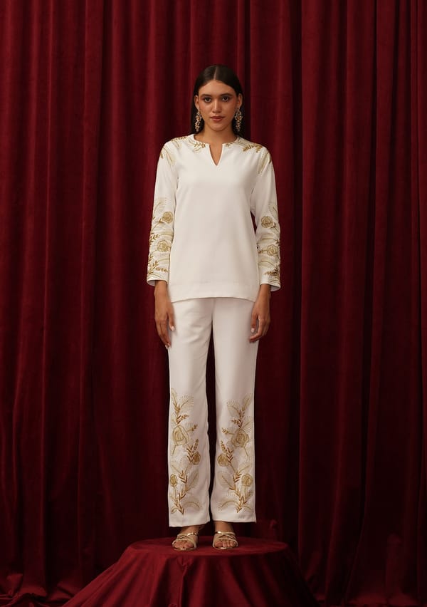 White and Gold Embroidered Top and Pants Co-ord Set — AMOSHI
