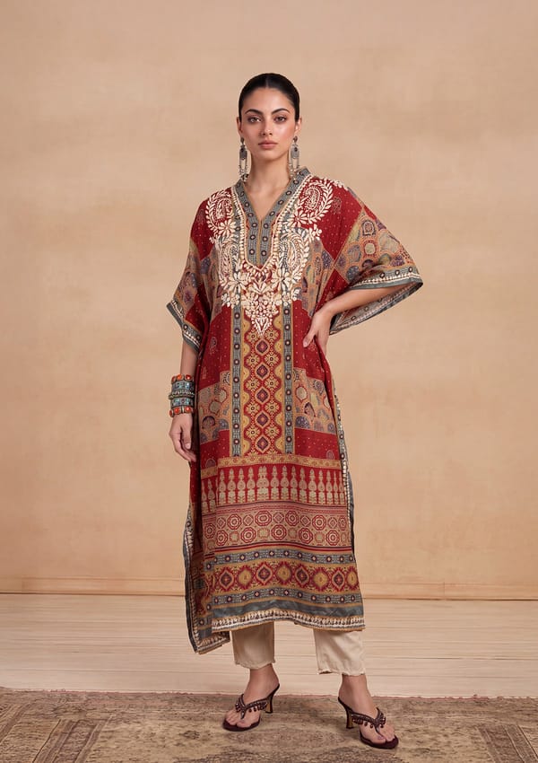 Chikankari Printed Women'S Kaftan -Rust — House Of Chikankari