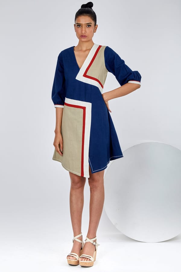 Multicolor Colorblock V-Neck Mini Dress in Handloom Cotton — Madder Much